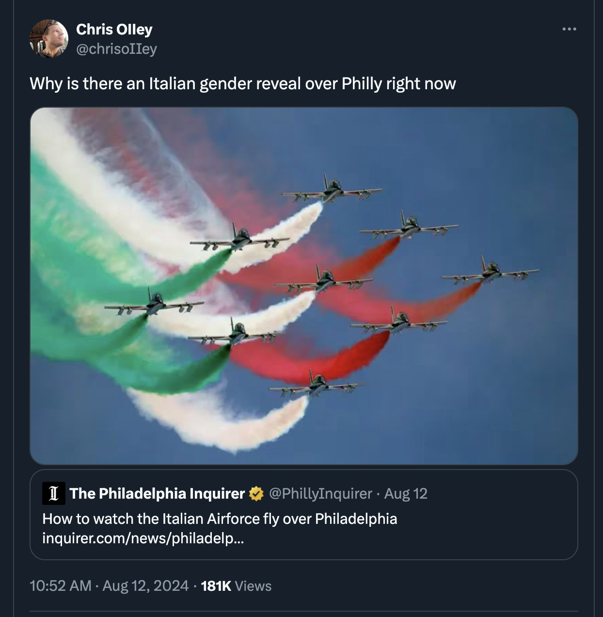 screenshot - Chris Olley Why is there an Italian gender reveal over Philly right now I The Philadelphia Inquirer Aug 12 How to watch the Italian Airforce fly over Philadelphia inquirer.comnewsphiladelp... Views